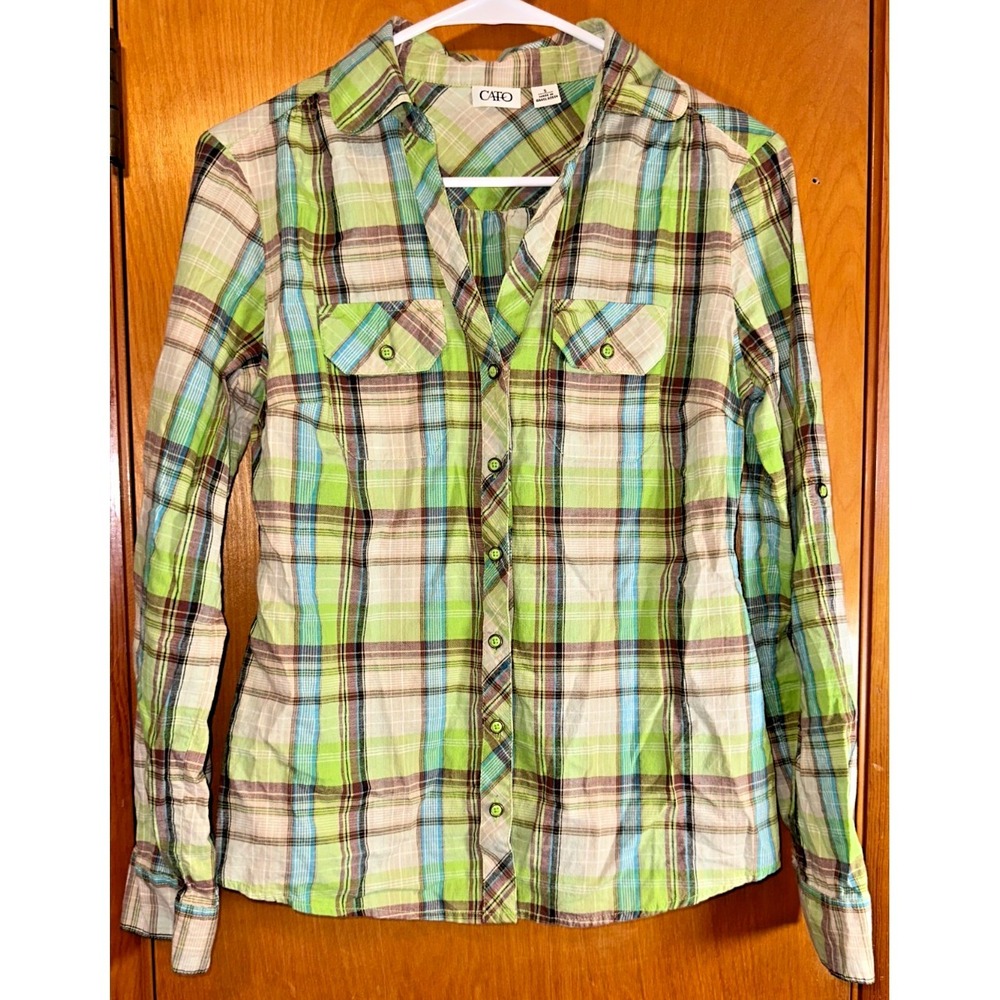 Cato‎ Womens Button Down Shirt Green Blue Plaid 100% Cotton Small